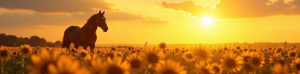 Silhouetted horse standing in a sea of tall wheat and colorful sunflowers under a warm sunny sky, silhouette, equine