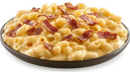 Creamy macaroni and cheese with crispy bacon bits served in a dark gray bowl on a white background.
