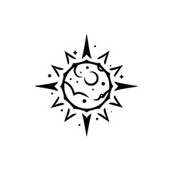 Celestial Tattoo Design: Moon & Sunburst, Black & White, Minimalist.