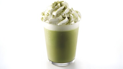 A refreshing iced matcha latte drink topped with whipped cream and matcha powder is perfectly presented in a clear glass.