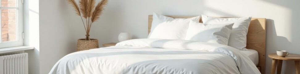 Simple king size bed with white linens and pillows in a minimalist Scandinavian bedroom, neutral tones, bedroom
