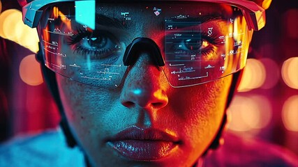 Close-up of a person wearing futuristic smart glasses displaying data - Powered by Adobe