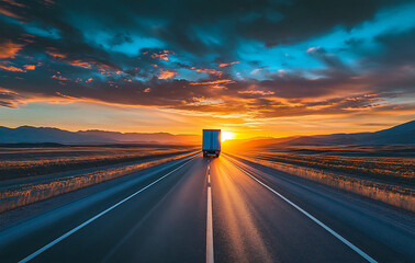 long stretch of road at dusk with delivery truck disappearing into sunset makes you feel sense of adventure, driving into unknown