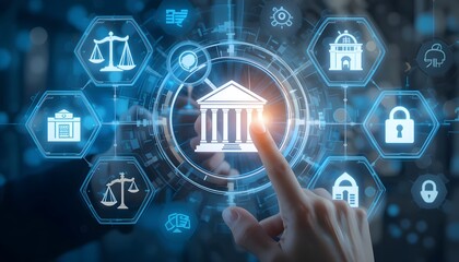 Finger touching bank icon surrounded by law, security, and technology icons on a blue background