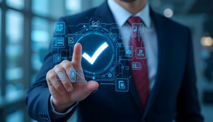 A man in a suit touching a digital checkmark with icons surrounding it in a futuristic interface