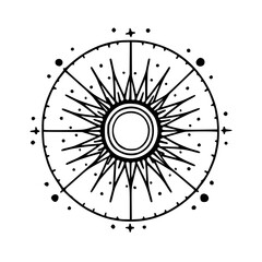 Mystical Sunburst Compass Icon, Celestial Line Art on White