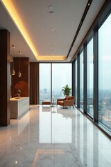 Fototapeta premium Sleek high-rise interior with marble floors and floor-to-ceiling windows , minimalist, apartments