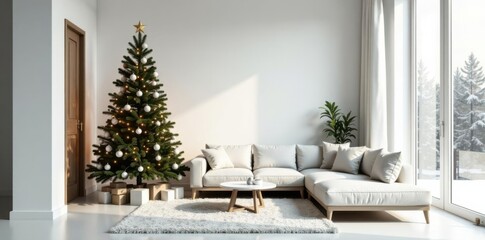 Sleek living room with minimalist Christmas tree against white backdrop, modern christmas, contemporary home