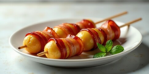 Delectable potato and bacon skewers presented on a pristine white plate, garnished with fresh mint, a culinary delight perfect for a festive gathering or a sophisticated appetizer.