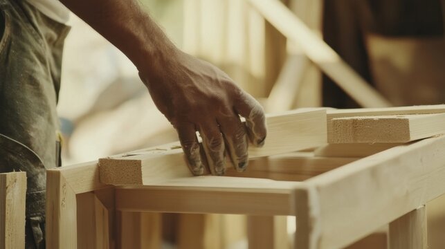 A construction site worker assembling a wooden frame for a building. Featuring carpentry and construction techniques