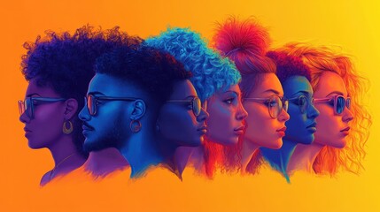 Diverse people profile view, vibrant colors,  orange background,  artistic portrait
