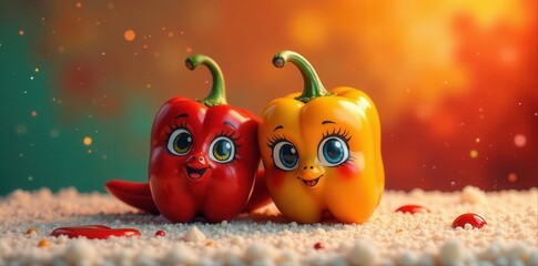 Two cheerful bell peppers with painted faces, sitting side by side on a textured surface, surrounded by small red and yellow accents, creating a whimsical and delightful scene.