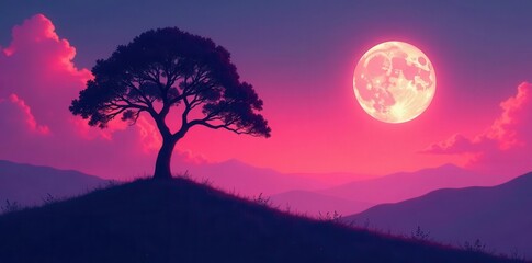 Serene Sunset Landscape Solitary Tree on Hilltop Silhouetted Against Vibrant Pink Sky and Full Moon