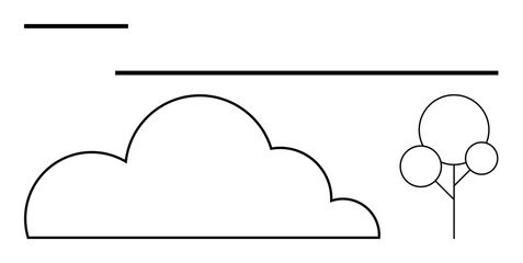 Curved cloud, simple tree, and horizontal lines arranged in minimalistic style. Ideal for nature, balance, simplicity, abstract thinking, outlines, eco-friendly concepts flat simple metaphor