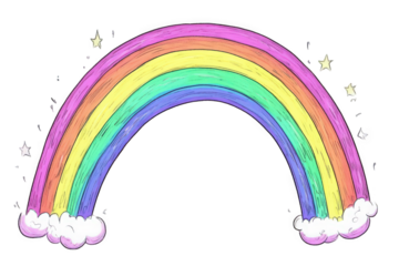 Colorful rainbow with vibrant stripes and fluffy clouds, conveying joy and positivity.