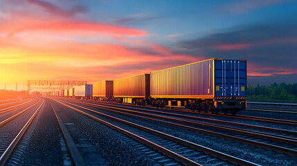 Fototapeta premium Freight Train At Sunset