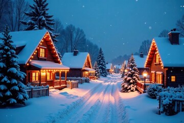 Snow-covered village with festively decorated houses and Christmas lights, festively decorated houses, snowy landscape