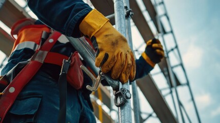 A construction site worker assembling scaffolding. Featuring teamwork and technical expertise