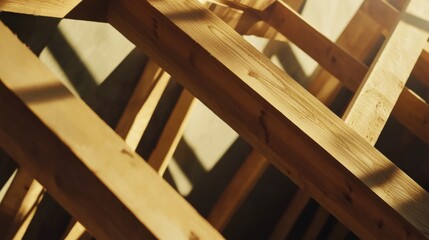 A construction site worker assembling wooden beams for framework. Featuring carpentry and woodwork