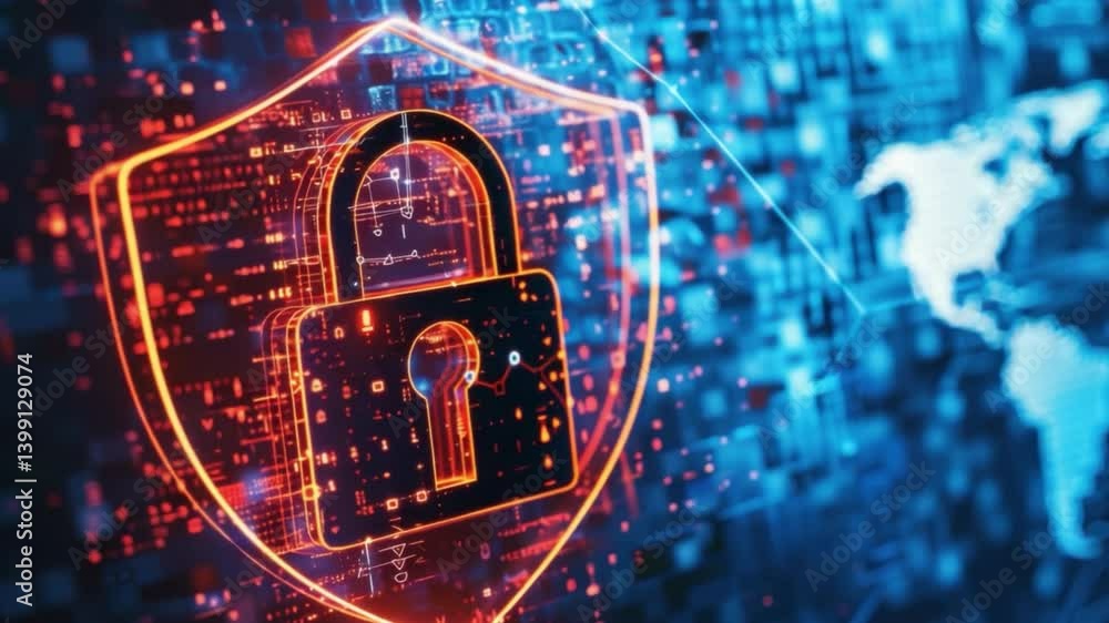 Poster digital cybersecurity glowing padlock shield surrounded by binary data and network connections for u
