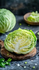 Obraz premium Fresh sliced green cabbage on kitchen table, healthy vegetable preparation