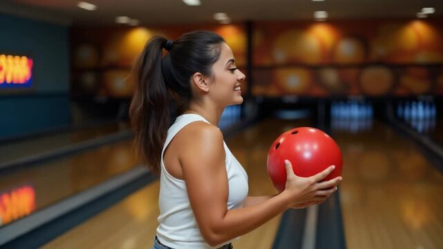 Smiling Woman Holding Red Bowling Ball in Modern Alley