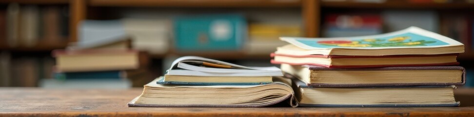 Stacked books with colorful illustrations, books, drawing