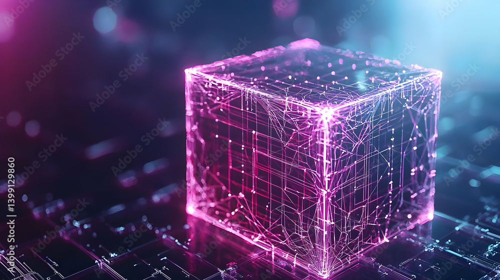 Poster Digital Cube On Circuit Board With Neon Lighting