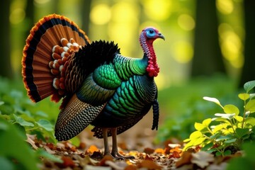 Obraz premium Majestic iridescent wildfowl with vibrant plumage, standing amidst autumnal foliage in a sun-dappled woodland setting