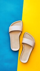 Stylish Beige Leather Sandals on Yellow and Blue Background