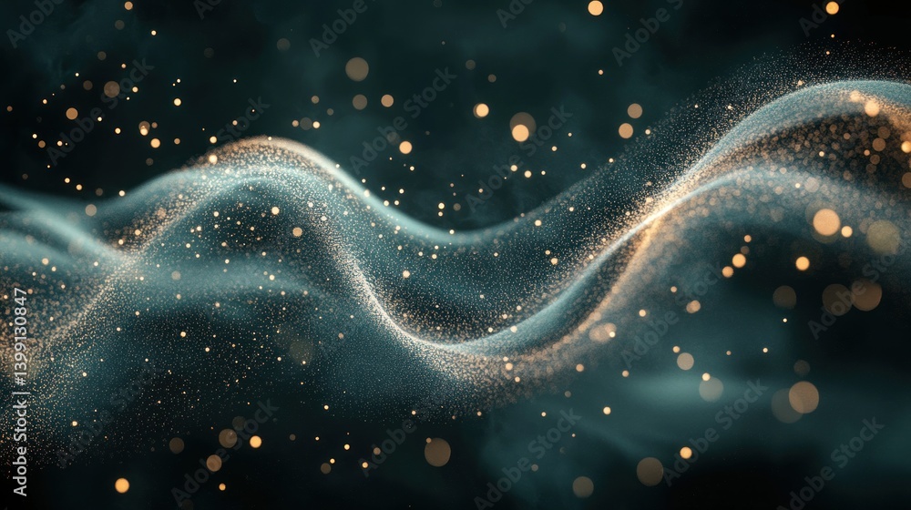 Poster abstract digital particles creating flowing waves of teal and gold.