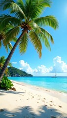 Sunny day at the beach with palm trees and a sailboat in the distance, palm trees, nature
