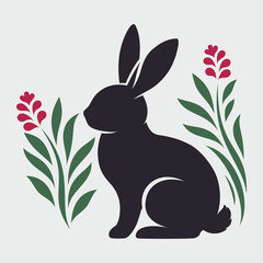 Sylwetka królika. Zając i graficzna roślina. Wielkanocna ilustracja w prostym stylu na kartki świąteczne, banery, życzenia i do innych projektów. © Monika