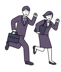 笑顔で走るポーズをするスーツの新社会人の男女