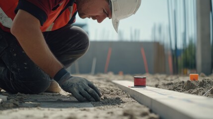 A construction site worker checking the measurements of a foundation. Featuring technical skill and focus