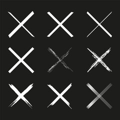 Obraz premium Cross symbol set. Hand-drawn X marks. Abstract rejection icon. White strokes on black.