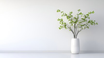 A white vase with green branches on a minimalist white table against a plain wall, elegant interior design, and simplicity and tranquility concept.