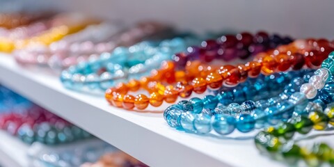 Colorful beaded bracelets displayed on shelves