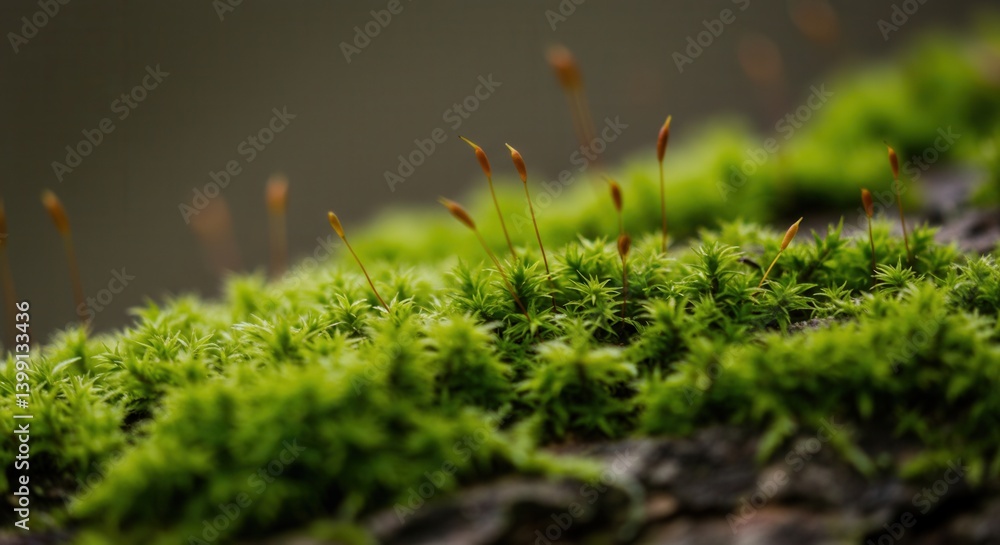 Poster vivid green moss grows on a tree branch with sporophytes emerging