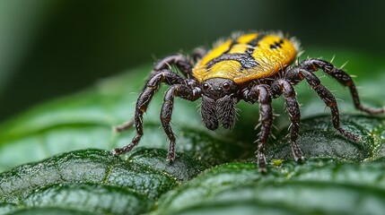 Naklejka premium Macro Photography of a Yellow and Black Spider on a Leaf