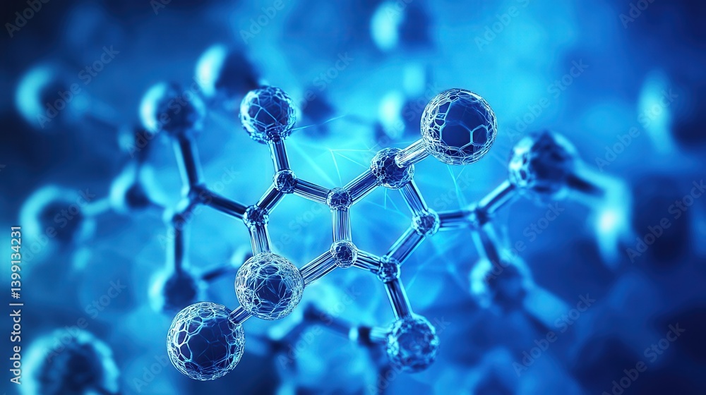 Poster abstract blue background featuring a hexagonal network and glowing dots, symbolizing technology, sci