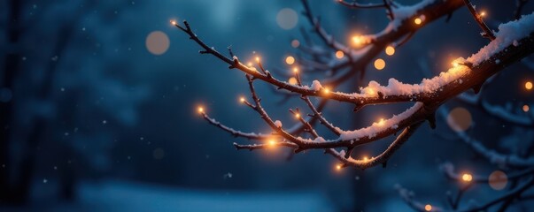 Twinkling lights on a bare Christmas tree branches at night, nature, evergreen