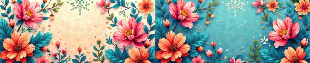 Two folded brochure with colorful floral patterns, flowers, yellow