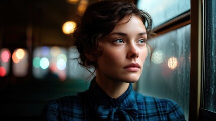 Obraz premium Young woman with blue eyes and tousled dark hair in blue plaid shirt looking contemplative through a window with raindrops