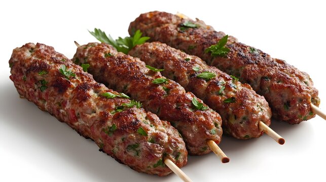 Four delicious grilled lamb koftas seasoned with fresh parsley are displayed on skewers against a bright white background.
