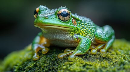 Obraz premium Vibrant Green Tree Frog on Mossy Rock