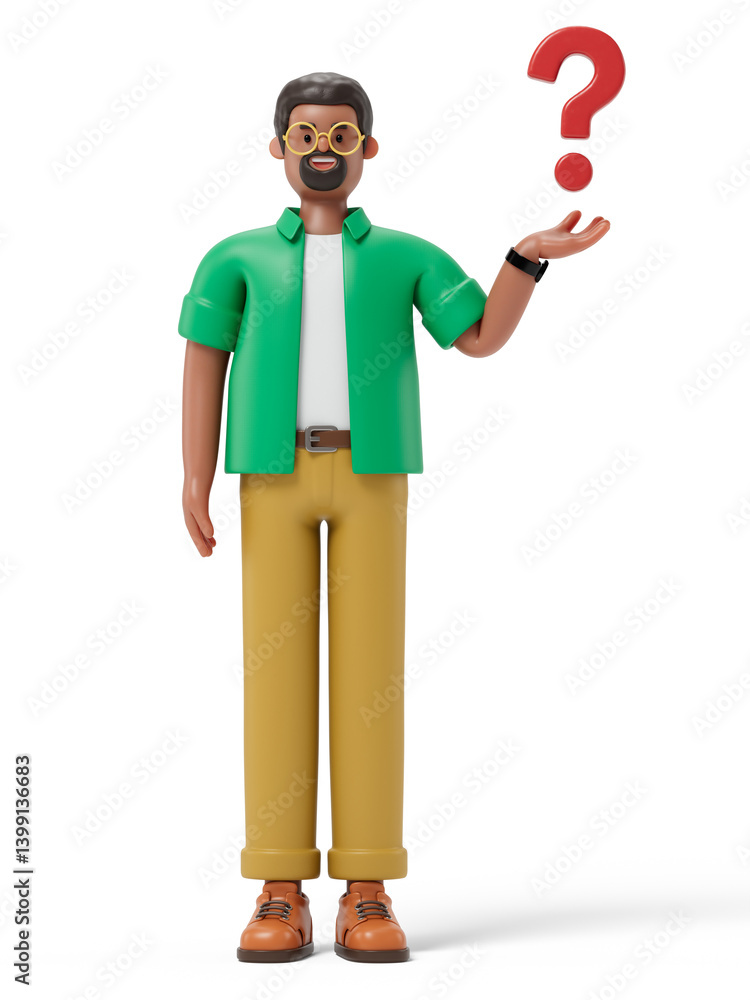 Poster man presenting a question mark, symbolizing inquiry or seeking answers. 3d rendering, conceptual ima