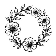 Elegant Floral Wreath: Black and White Botanical Illustration