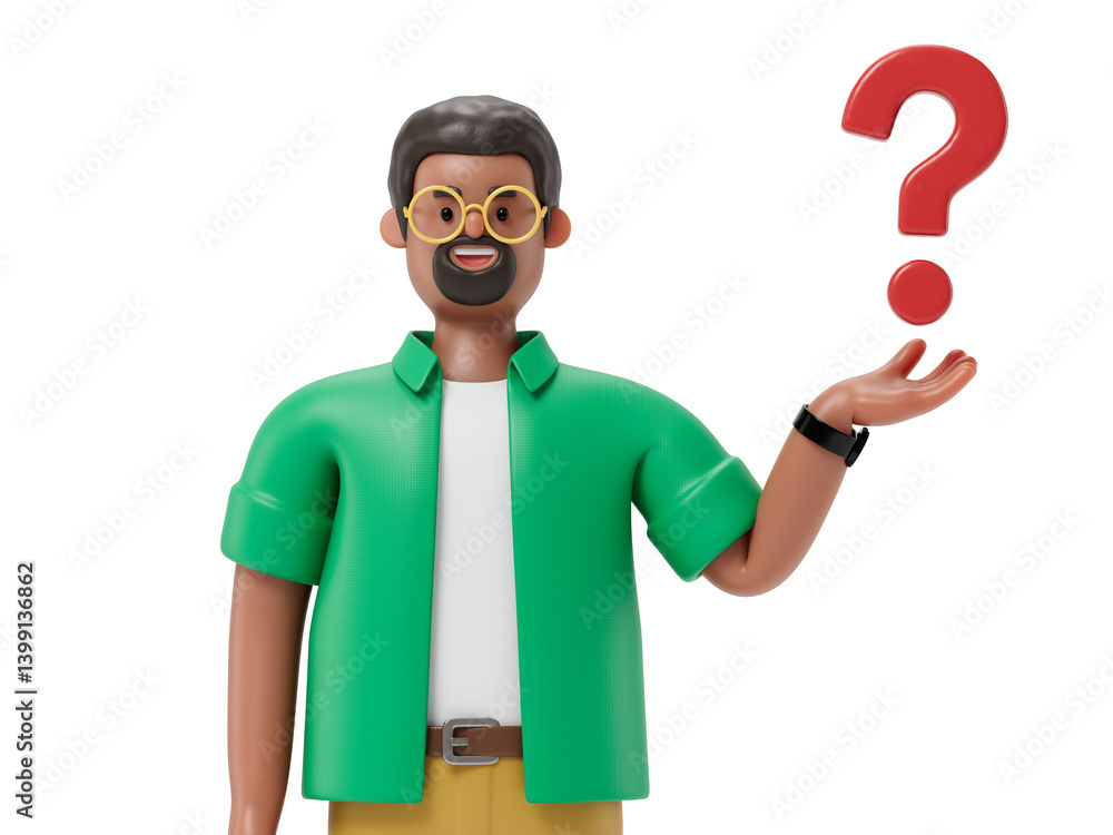 Poster man presenting a question mark, symbolizing inquiry or seeking answers. 3d rendering, conceptual ima
