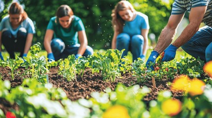 Teenagers are growing vegetables in the garden